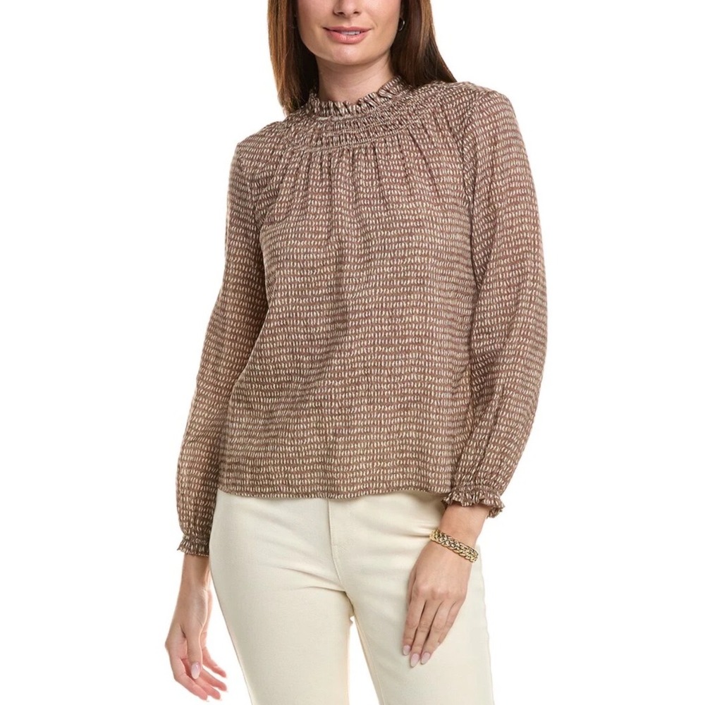 J.McLaughlin Antonia Blouse Brown White Smocked Mock Neck 100% Tencel XS